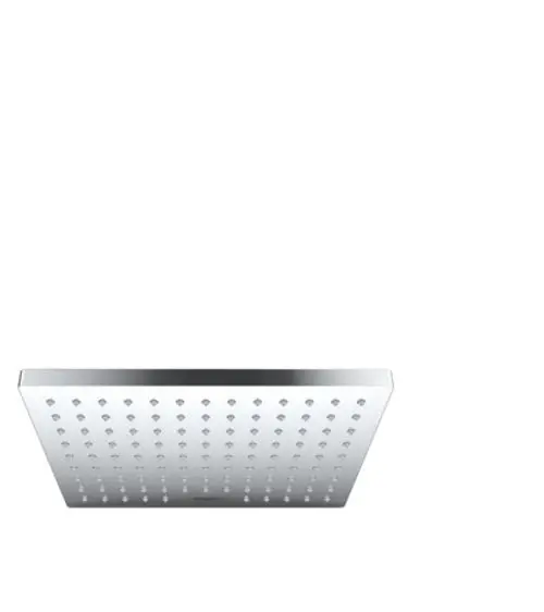 Eckige, flache Kopfbrause mit chromfarbener Oberfläche und gleichmäßig verteilten Wasseröffnungen, gefertigt von Hansgrohe.
